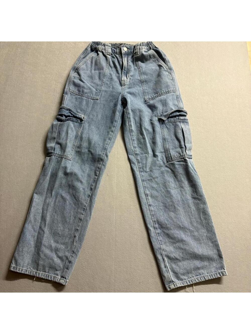 Simple Society Cargo Jeans Womens M Medium Blue Denim Elastic Waist Wide Leg